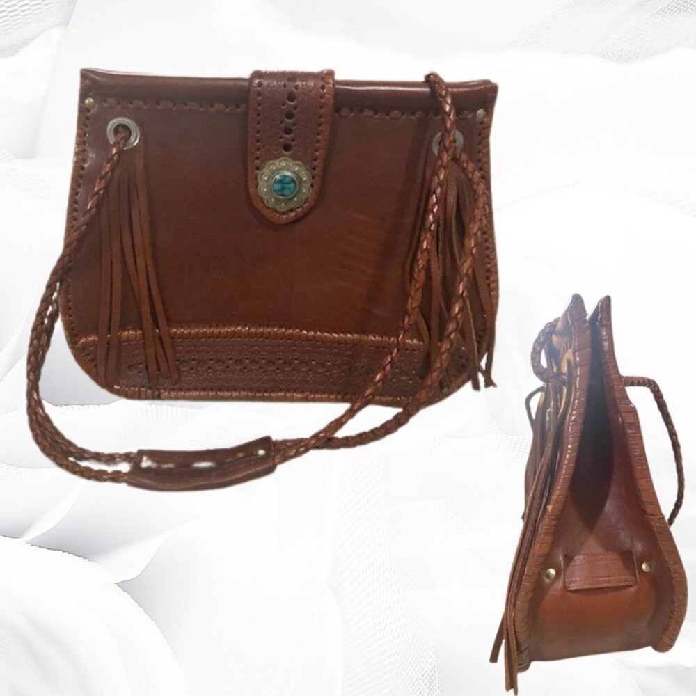 Western Leather Purse with Turquoise Stone, Vintage, Handmade, Four Wind West